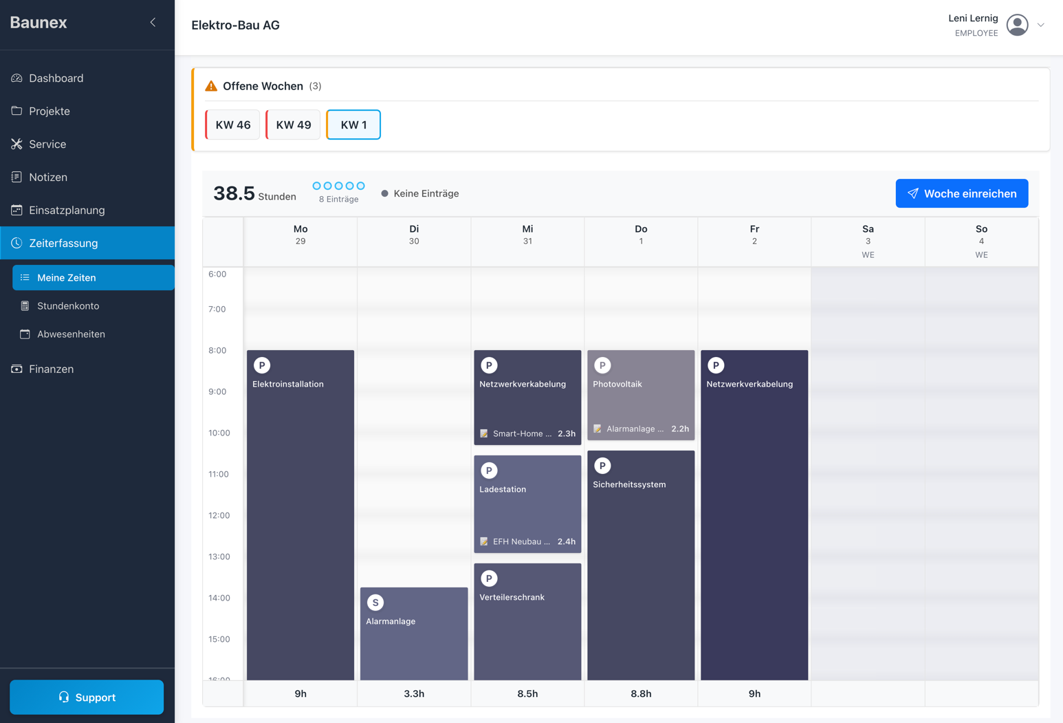 Baunex Dashboard - Projektübersicht für Bau- und Handwerksbetriebe